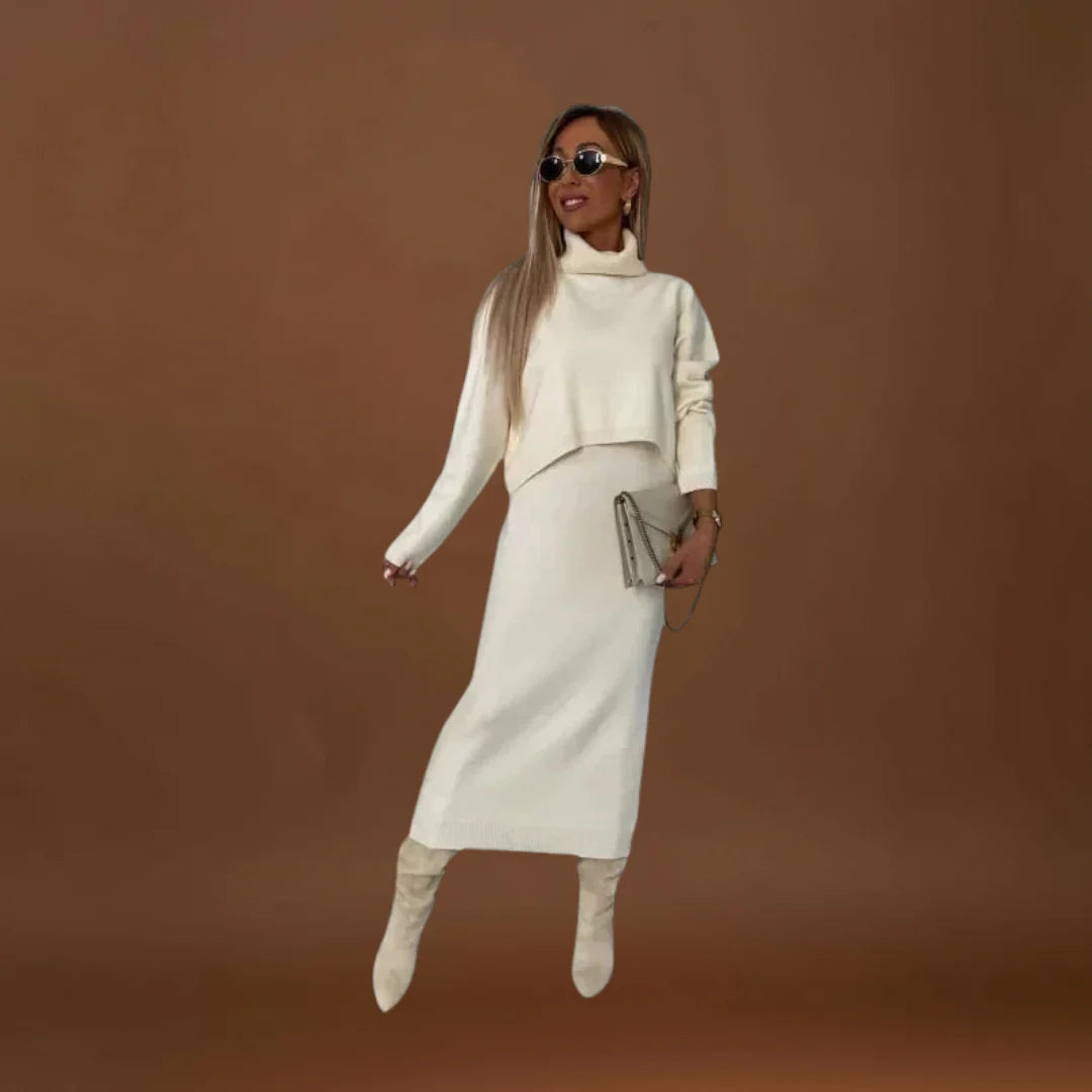 Eliska - Elegáns Ruha és Magas Gallérú Pulóver Szett