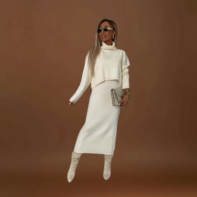 Eliska - Elegáns Ruha és Magas Gallérú Pulóver Szett