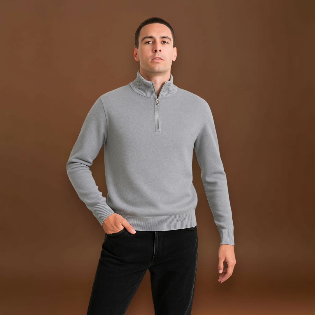 Pulóver - Fél cipzárral, magas gallérral és rugalmas anyaggal