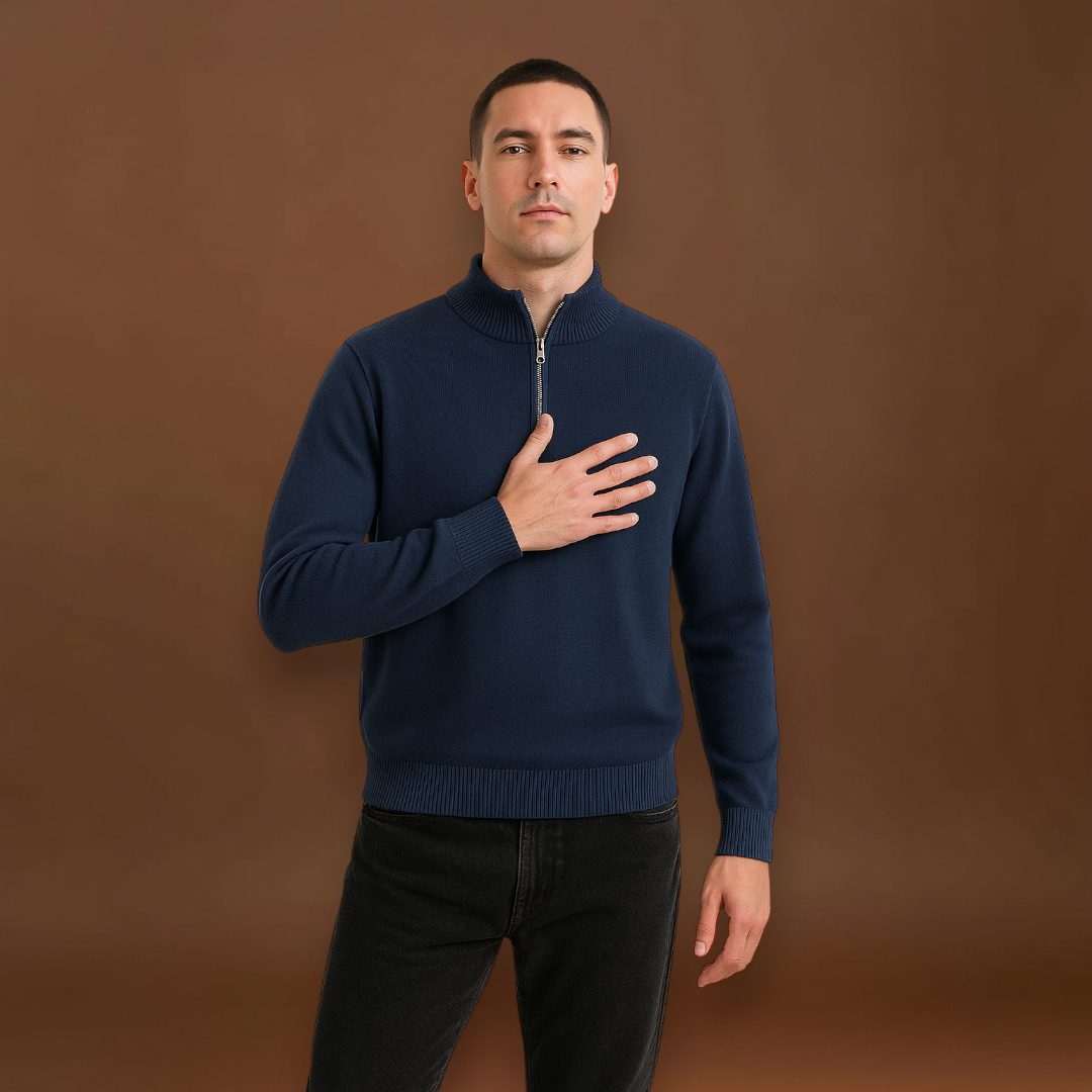 Pulóver - Fél cipzárral, magas gallérral és rugalmas anyaggal
