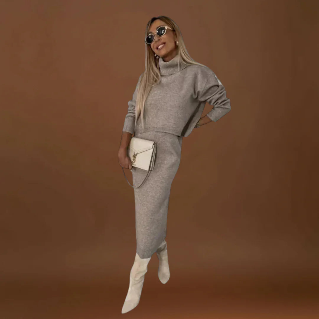 Eliska - Elegáns Ruha és Magas Gallérú Pulóver Szett