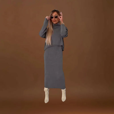 Eliska - Elegáns Ruha és Magas Gallérú Pulóver Szett