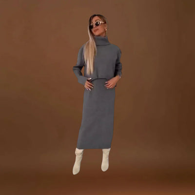 Eliska - Elegáns Ruha és Magas Gallérú Pulóver Szett