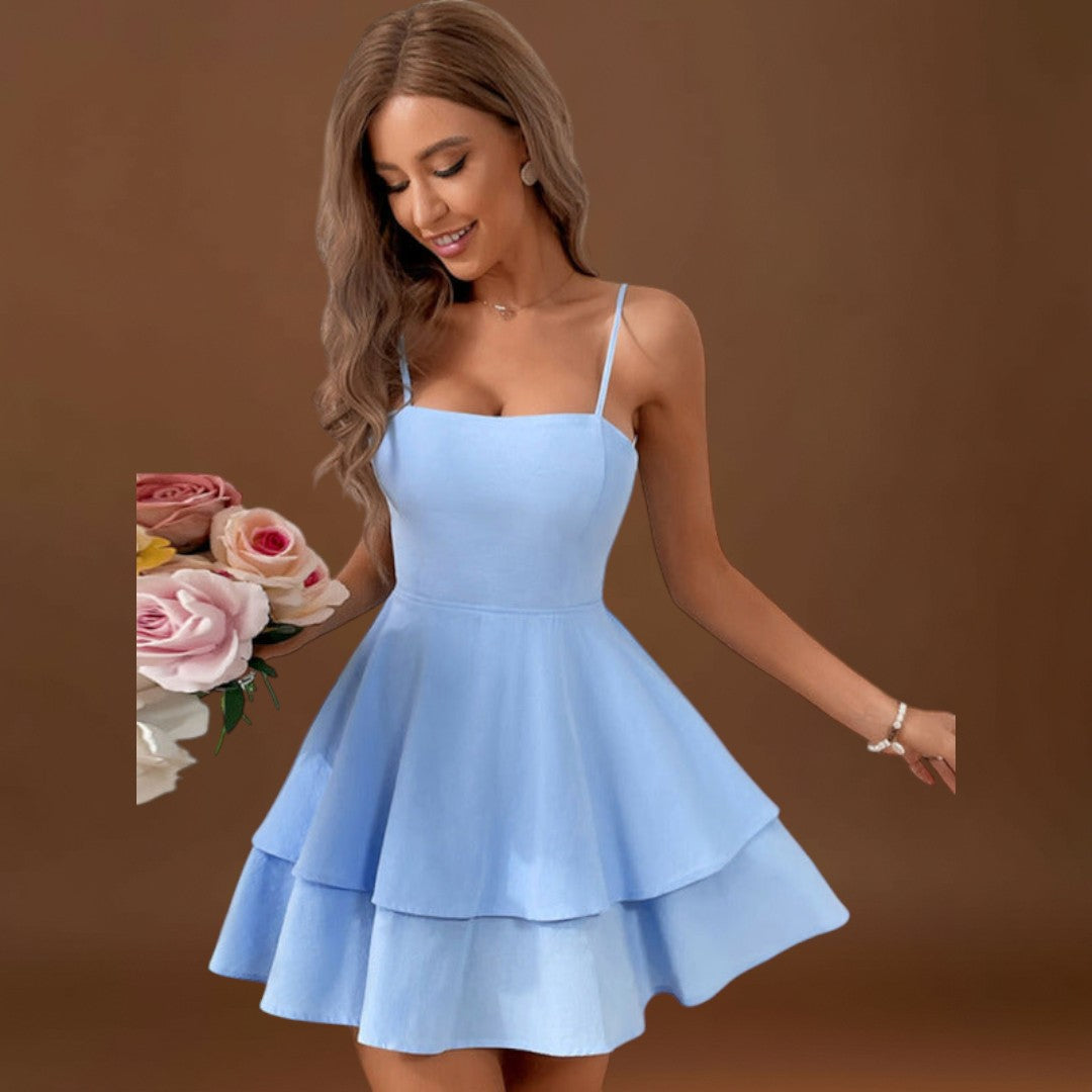 Boglár - Háttér nélküli mini ruha masnis pántokkal és réteges szoknyával