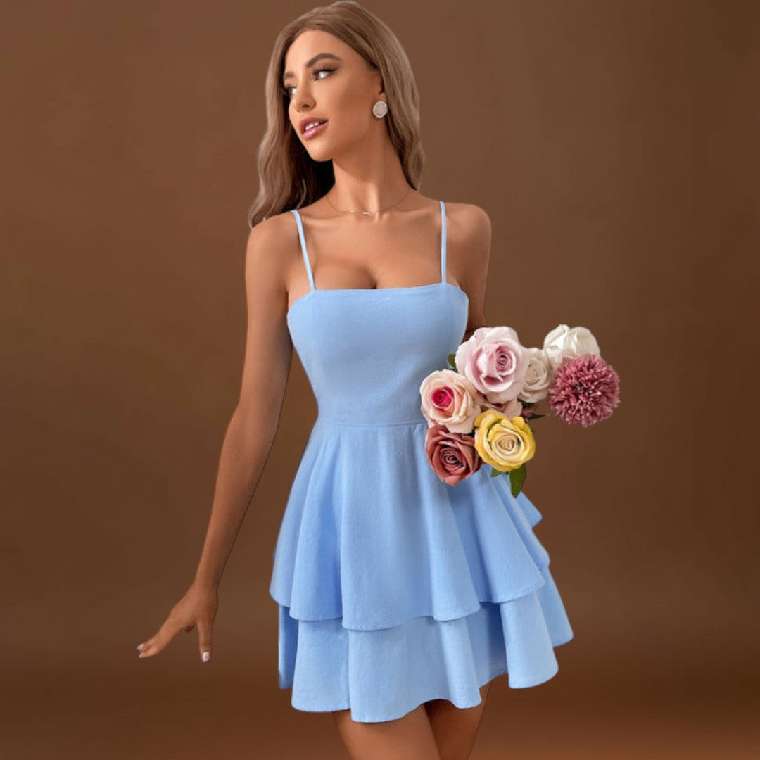 Diána - Háttér nélküli mini ruha masnis pántokkal és réteges szoknyával