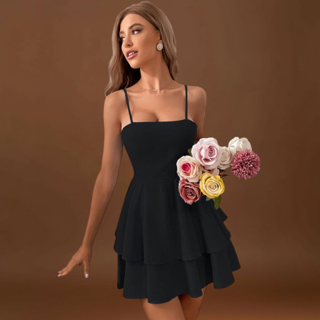 Boglár - Háttér nélküli mini ruha masnis pántokkal és réteges szoknyával