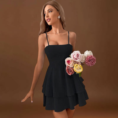 Boglár - Háttér nélküli mini ruha masnis pántokkal és réteges szoknyával