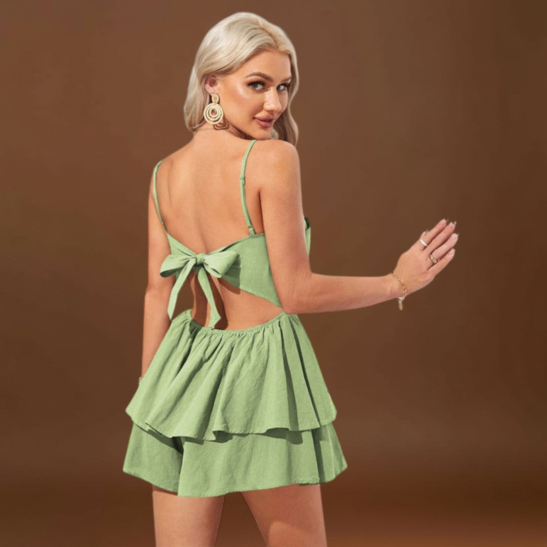 Boglár - Háttér nélküli mini ruha masnis pántokkal és réteges szoknyával